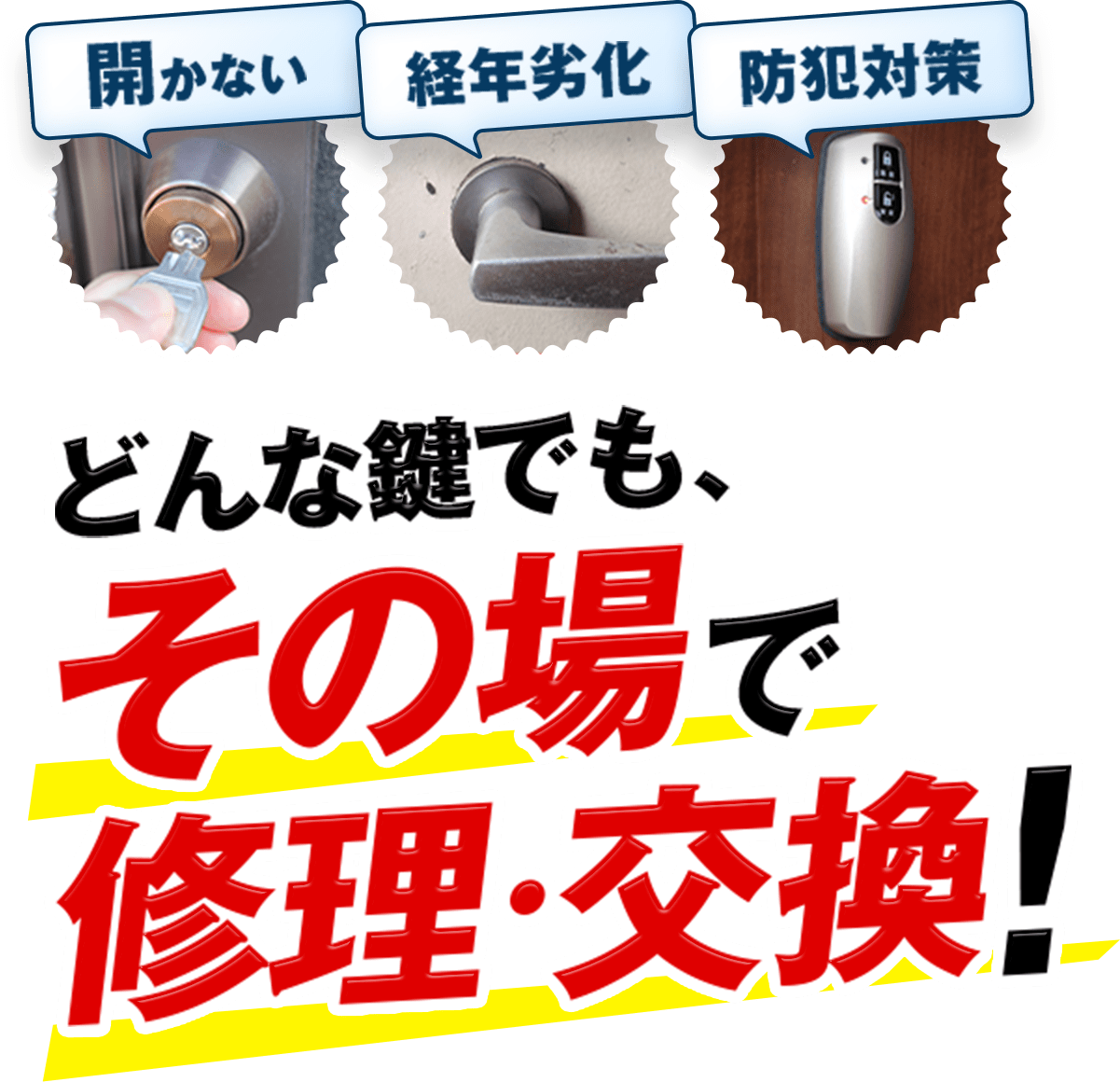 開かない 経年変化 防犯対策 どんな鍵でも、その場で修理・交換